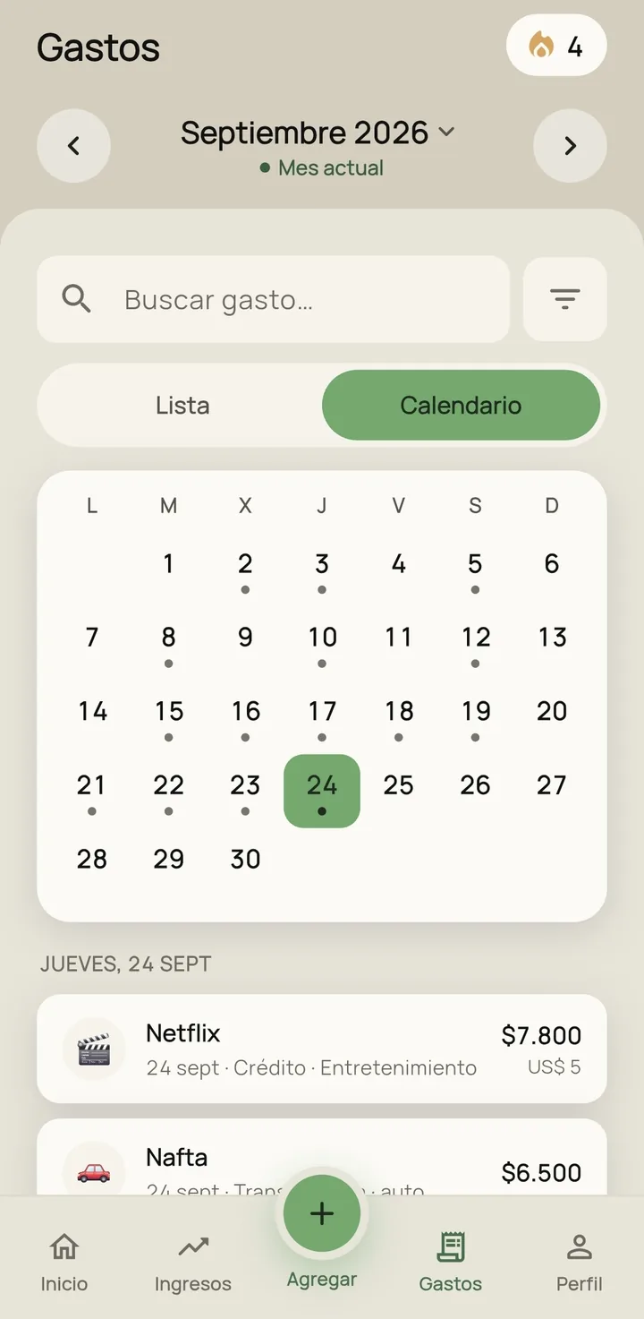 The month's expenses in calendar view, with the selected day's expenses below