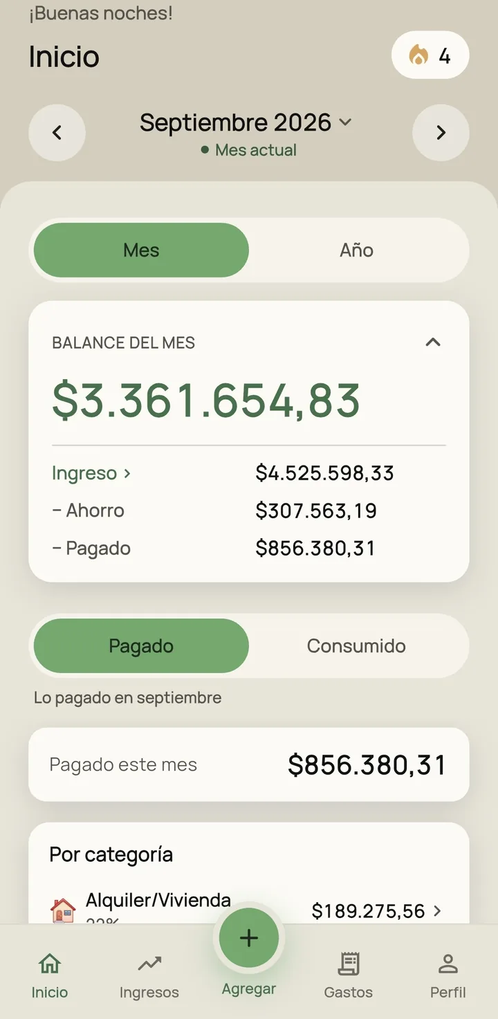 Tranco's Home screen: monthly balance, paid and spent, and expenses by category