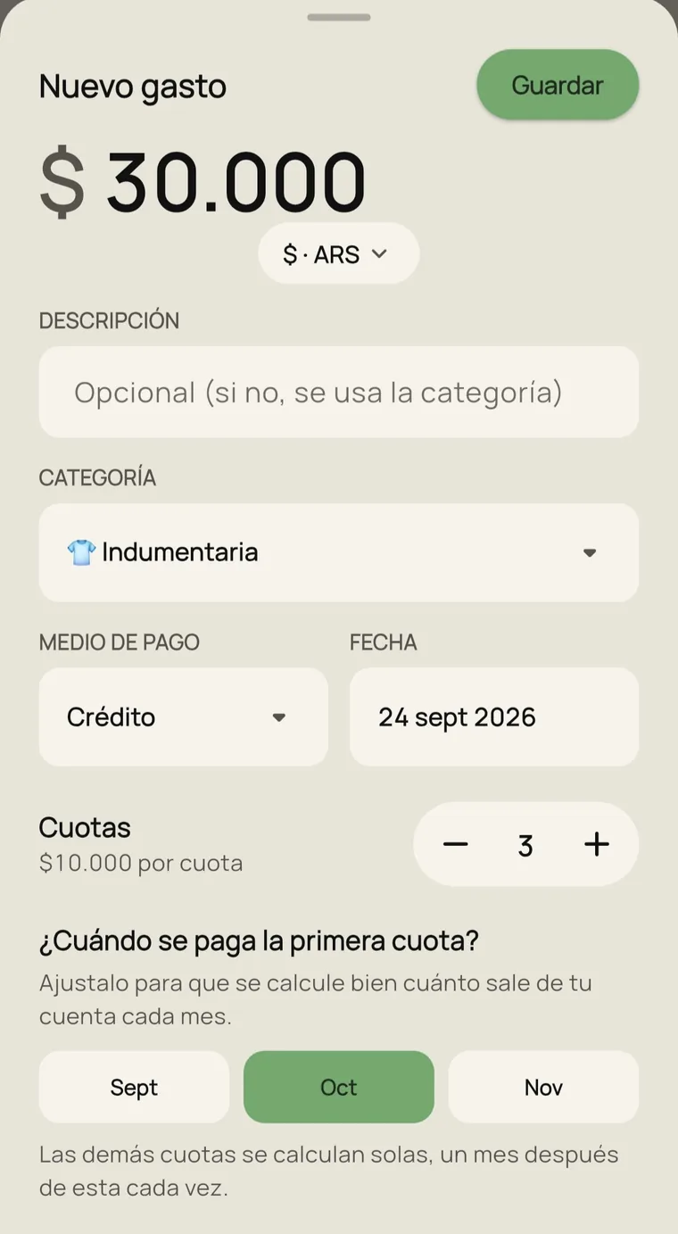 New expense form: amount, category, payment method, date and installments