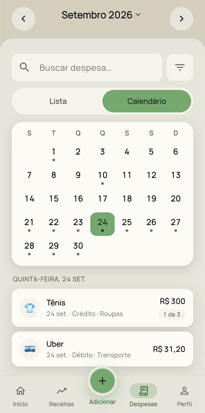 Despesas do mês na visão de calendário, com as despesas do dia escolhido embaixo