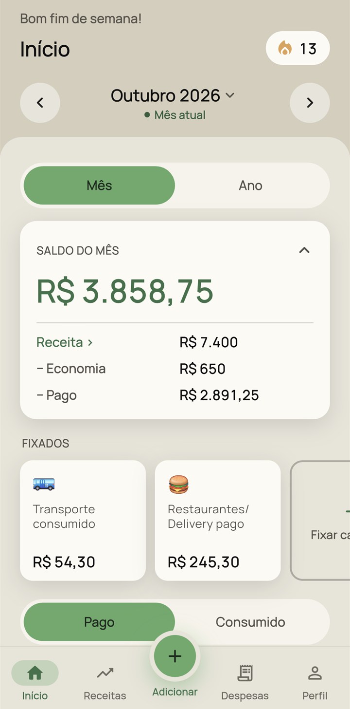 Tela de Início do Tranco: saldo do mês, pago e consumido, e categorias fixadas