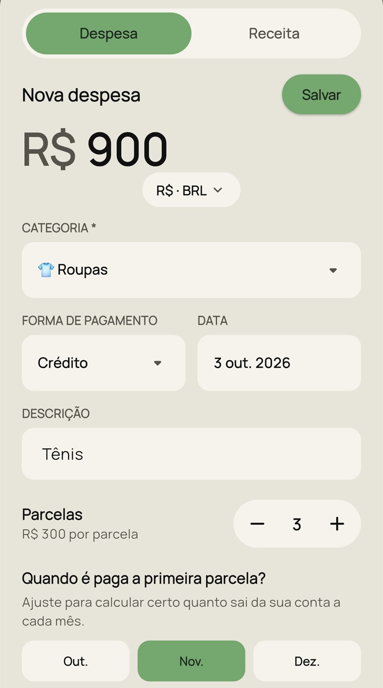 Formulário Nova despesa: valor, categoria, forma de pagamento, data e parcelas