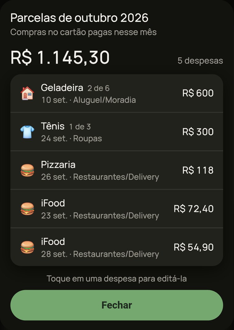 Detalhe das parcelas pagas em outubro
